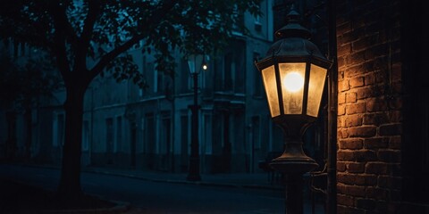 Atmospheric evening shot of a vintage street lamp casting a warm glow on a cobblestone street and brick wall