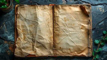 a dark brown color ripped old paper, blank book pages on a rustic finished wooden table top with burnt effect  