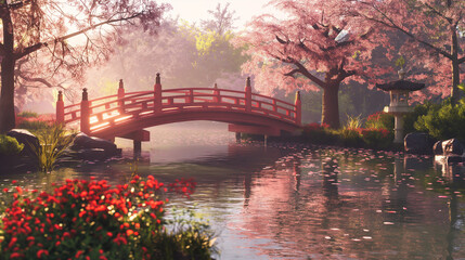 Wall Mural - bridge over the river at sunset with beautiful colorful flowers