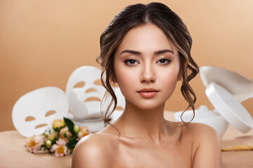 Beautiful young Asian woman with clean fresh skin on beige background, Face care, Facial treatment, Beauty woman healthy skin natural make up, Cosmetology, beauty and spa, Asian women portrait