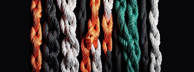 Colorful ropes background. A group of colorful ropes coming together to form a direction arrow. Teamwork concept. Working team unity and teamwork concept as a business.