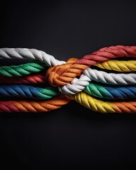 A colorful rope with two ends connected in an complex knot, symbolizing the strength and unity of diverse individuals coming together to support each other in times of need.
