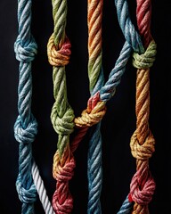 A colorful rope with two ends connected in an complex knot, symbolizing the strength and unity of diverse individuals coming together to support each other in times of need.