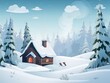 © N Joy Art  - A cabin in the woods with a chimney and a fireplace. The cabin is surrounded by trees and snow