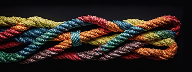 A colorful rope with two ends connected in an complex knot, symbolizing the strength and unity of diverse individuals coming together to support each other in times of need.