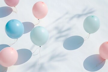 Wall Mural - Soft pastel balloons floating in a clear sky, casting gentle shadows on a white surface