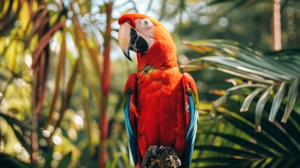 Wall Mural - Scarlet macaw with vibrant plumage in lush tropical jungle. Concept of exotic bird, rainforest wildlife, colorful parrot, nature habitat