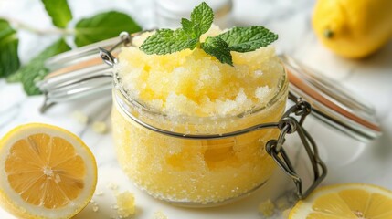Wall Mural - A close-up shot of a glass jar filled with lemon and mint sugar scrub. The jar is sitting on a white countertop, with a lemon wedge and whole lemon beside it.