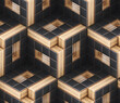 © Denis Kirichkov/Stocksy - Futuristic black cubes with wood decorative elements.