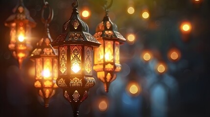 Wall Mural - Traditional ornate lantern with a lit candle inside is placed on a wooden surface against the blurred backdrop