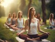 © vefimov - A group of women doing yoga exercises in a green park setting, ideal for use in fitness and wellness related contexts