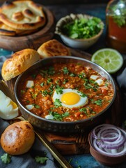 Wall Mural - A bowl of hot soup topped with a single egg