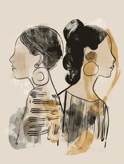 Wall Mural - An illustration of two women in profile with an abstract background of brushstrokes