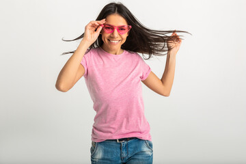 Wall Mural - attractive woman in pink t-shirt and sunglasses