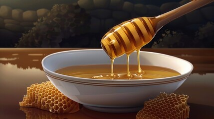 Wall Mural - A spoon is drizzling honey into something