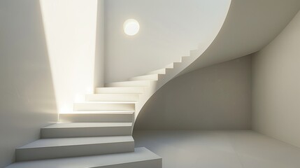 Modern, minimalist spiral staircase with white steps and a white handrail