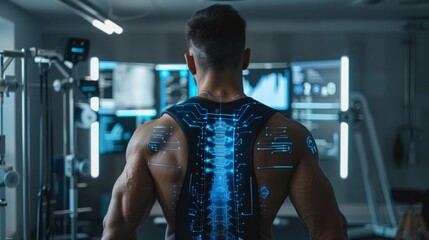 a muscular man stands with his back to the camera, wearing a futuristic back support that features g