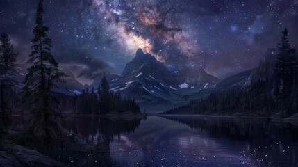 A beautiful night sky with a lake and mountains in the background