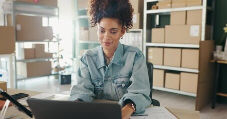 Poster - Delivery, typing and woman on laptop for shipping, distribution and courier service. Ecommerce, small business and person on computer for online shopping, logistics and email order with boxes