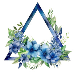 Wall Mural - Watercolor floral frame with blue flowers and greenery on a white background. Thin picture frame decorated with blue flower. Elegant botany concept for wedding stationery and design template. AIG35.