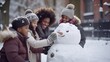 © vefimov - People gathered around a snowman, perfect for winter-themed projects and celebrations