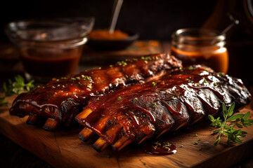 Wall Mural - High angle of appetizing grilled pork ribs with sauce served on wooden board in kitchen against blurred background