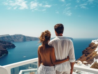 A couple standing on a balcony, overlooking the ocean