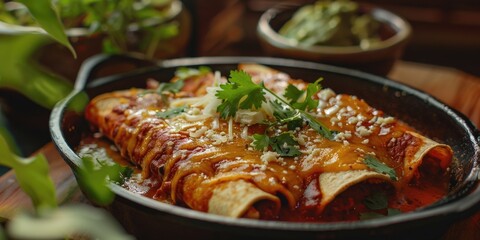 Wall Mural - A plate of colorful enchiladas with various toppings on a wooden table