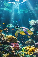 Wall Mural - A turtle swims through the water surrounded by colorful coral
