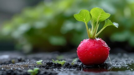 Wall Mural - A small red radish is sitting on a wet surface