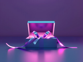 an open gift box with a ribbon on a purple background. A neon glowing light in the style of a cartoon style vector illustration design element for a banner or poster design