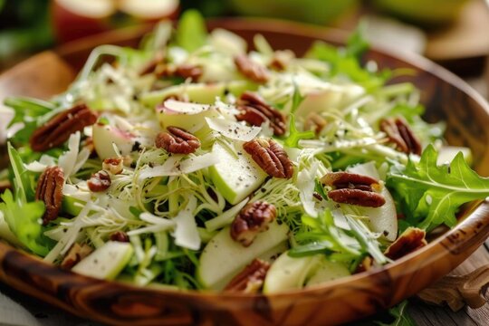 A wooden bowl filled with a fresh mixed salad featuring crisp lettuce, juicy apples, and crunchy pecans