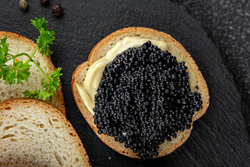 Poster - caviar lumpfish sandwich seafood black caviar fresh appetizer meal food snack on the table copy space food background rustic top view