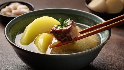 Double-boiled Spare Rib Soup with Chinese Yam and Snow Pear with chopsticks served in a dish