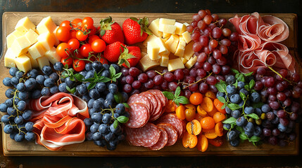 A vibrant and diverse of delicious fruits meat and cheese on charcuterie boards
