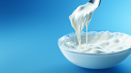 Wall Mural - Fresh Milk Cream Pouring with Splash on Vibrant Blue Background - 3D Rendered Stock Illustration