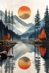 Wall Mural -  Abstract landscape with collage elements of mountains and rivers