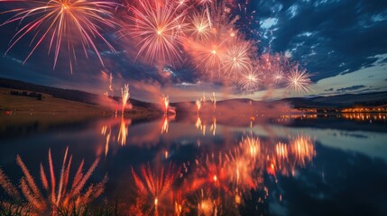 Wall Mural - Fireworks show in sky by lake with water reflection for holiday celebration.