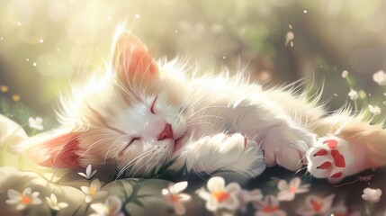 a cat sleeping on its back in a field of flowers