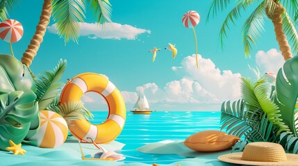 Wall Mural - a painting of a beach scene with a life preserver