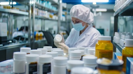 a person in a lab coat and mask holding a bottle of pills