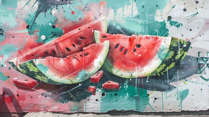 Sticker - a painting of watermelon slices on a wall