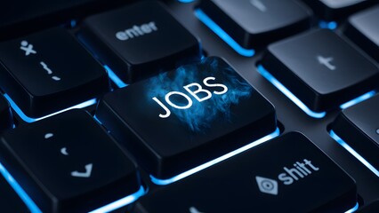 A close-up view of a computer keyboard. The central focus is on a key labeled 'Jobs' with a blue glow, indicating it's either illuminated or highlighted. 