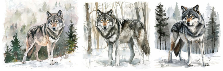 Sticker - Three watercolor illustrations of a wolf in different winter forestry scenes, conveying the beauty of wildlife and the coldness of the season, ideal for seasonal decor