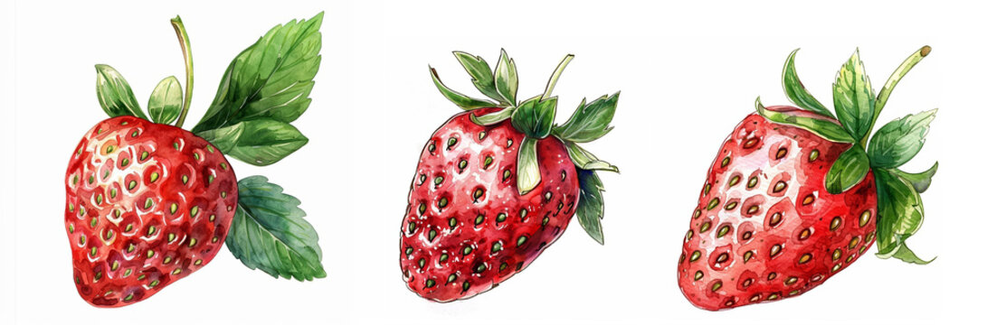 Watercolor illustration of ripe strawberries with vibrant green leaves isolated on white, symbolizing summer freshness and healthy eating Related to: gardening, summer desserts