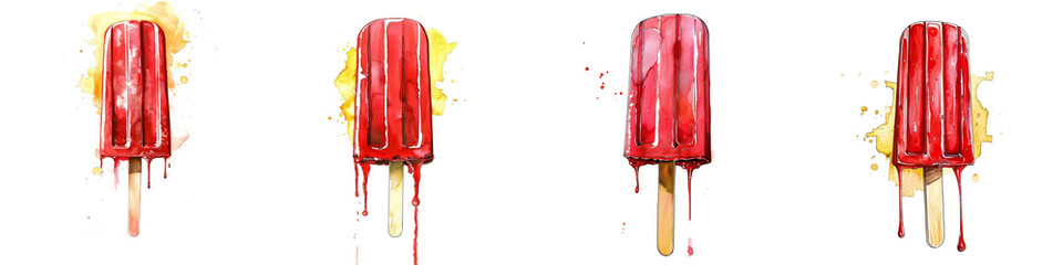 Poster - Sequence of watercolor red popsicles melting on a white background, depicting summer heat, refreshment concepts, and seasonal food imagery for hot weather