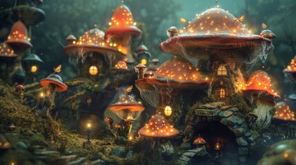 Wall Mural - Whimsical Fairy Village with Glowing Mushrooms - Enchanted Forest Magical Scene