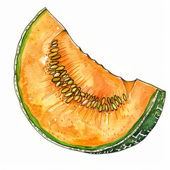 Wall Mural - Vivid Orange Cantaloupe Slice with Detailed Seeds and Neon Green Rind   Watercolor Illustration on White Background