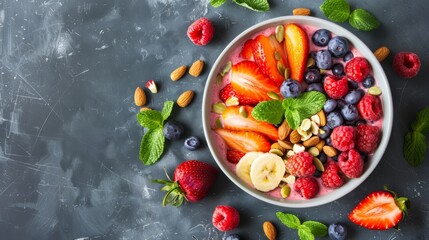 Wall Mural - Dukan Diet Smoothie Bowl with Fresh Fruits and Nuts on a Textured Background - Ideal for Health Promotions