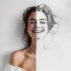 A woman's face is split into two halves, with one half being drawn in black